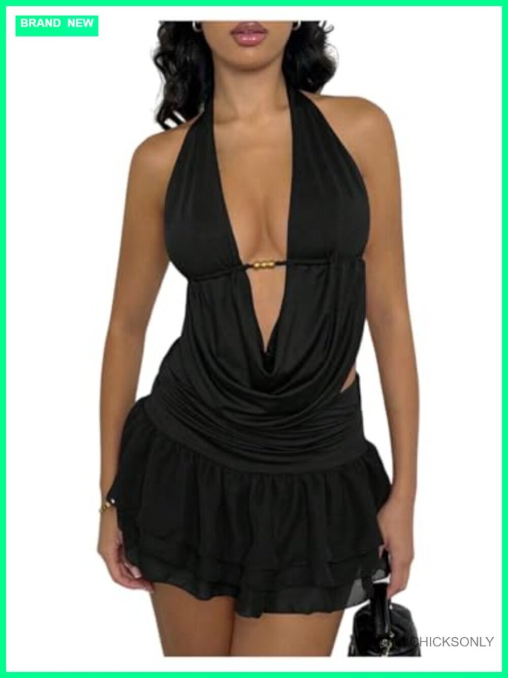 Two Piece Outfit Deep V Neck Draped Halter Top Ruffle Mini Skirt Set